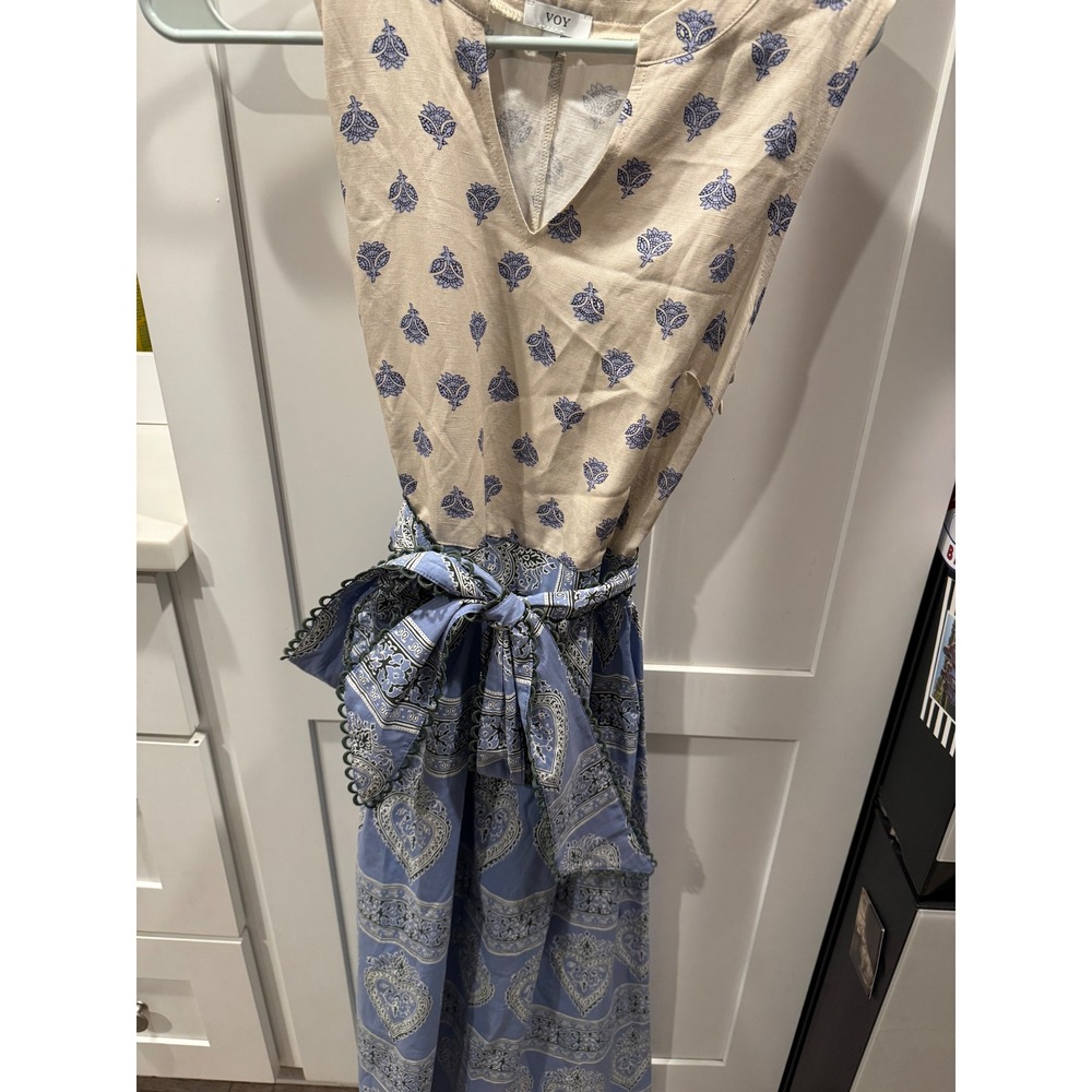 Voy Womens Small Blue Tan Mixed Print Sleeveless Maxi Dress with Tie Waist Belt